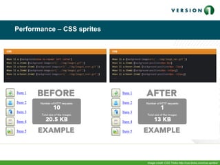 Performance – CSS sprites
Image credit: CSS Tricks http://css-tricks.com/css-sprites/
 