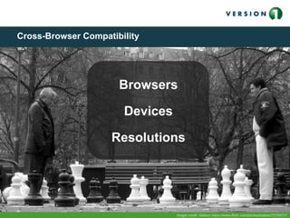 Cross-Browser Compatibility
Browsers
Devices
Resolutions
Cross-Browser Compatibility
Image credit: Gideon https://www.flickr.com/photos/malias/73169727
 