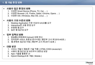 1. 웹 개발 환경 변화

   사용자 접근 환경의 변화
      1. 다양한 Smart Device (Phone, TV, Car … )
      2. 다양한 Browser ( IE, Firefox, Safari, Chrome, Opera … )
      3. 다양한 OS ( Windows, Mac OS, Linux … )

   사용자 기대 수준의 변화
      1.   Desktop Application 수준 이상의 UI/UX를 요구
      2.   Interactive한 사용 환경 요구
      3.   반응형 웹 요구
      4.   높은 웹 접근성 요구

   정부 정책의 변화
      1. 방송통신위원회의 ActiveX 대체 권고
      2. 전자정부 서비스 호환성 준수지침 ( 행안부 고시 제 2010-40호 )
      3. 웹 콘텐츠 접근성 지침 ( 행안부 고시 제 2011-32호 )

   대응 방안
      1.   서비스 개발시 웹표준 기술 적용 ( HTML+CSS+Javascript )
      2.   사용자 웹 접근성 및 브라우저 호환성 보장
      3.   Ajax 기술을 활용한 UI
      4.   Hybrid WebApp으로 개발 ( Mobile )


P180-76                                                         2
 