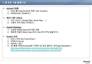 3. 웹 표준 기술 활용(1/2)

    ActiveX 대체
       1. Flash 를 Video/Audio로 전환 ( like Youtube )
       2. WebSocket ( Realtime )

    위치 기반 서비스
       1. 지도 서비스 ( Google Map, Naver Map … )
       2. 사용자 위치 정보 ( HTML5 )

    Hybrid WebApp
       1. 다양한 Mobile Device에 대한 대응
       2. 웹표준기술로 Native App 효과 ( like KTH 푸딩 얼굴인식 )

    Graphic 처리
      1. SVG ( 차트 like FusionChart )
      2. HTML5 Canvas
      3. WebGL ( 3D )
      4. 3D 활용 예제(Javascript로 구현한 3D 포토 갤러리, 3D Page Navigation )
      5. http://www.dhteumeuleu.com/runscript.php?scr=photo3D.html
      6. http://www.dhteumeuleu.com/runscript.php?scr=nav-3D.html




 P180-76                                                             5
 