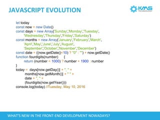JAVASCRIPT EVOLUTION
let today
const now = new Date()
const days = new Array('Sunday','Monday','Tuesday',
'Wednesday','Thursday','Friday','Saturday')
const months = new Array('January','February','March',
'April','May','June','July','August',
'September','October','November','December')
const date = ((now.getDate()<10) ? "0" : "") + now.getDate()
function fourdigits(number) {
return (number < 1000) ? number + 1900 : number
}
today = days[now.getDay()] + ", " +
months[now.getMonth()] + " " +
date + ", " +
(fourdigits(now.getYear()))
console.log(today) //Tuesday, May 10, 2016
WHAT'S NEW IN THE FRONT-END DEVELOPMENT NOWADAYS?
 