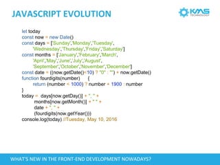 JAVASCRIPT EVOLUTION
let today
const now = new Date()
const days = ['Sunday','Monday','Tuesday',
'Wednesday','Thursday','Friday','Saturday']
const months = ['January','February','March',
'April','May','June','July','August',
'September','October','November','December']
const date = ((now.getDate()<10) ? "0" : "") + now.getDate()
function fourdigits(number) {
return (number < 1000) ? number + 1900 : number
}
today = days[now.getDay()] + ", " +
months[now.getMonth()] + " " +
date + ", " +
(fourdigits(now.getYear()))
console.log(today) //Tuesday, May 10, 2016
WHAT'S NEW IN THE FRONT-END DEVELOPMENT NOWADAYS?
 