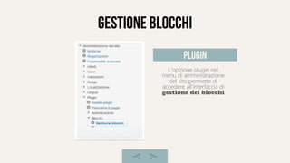 gestione blocchi
L'opzione plugin nel
menu di amministrazione
del sito permette di
accedere all'interfaccia di
gestione dei blocchi
plugin
 