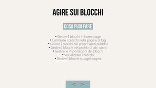 agire sui blocchi
●
Gestire I blocchi in home page
●
Cambiare I blocchi nella pagine di tag
●
Gestire I blocchi nei propri spazi pubblici
●
Gestire I blocchi nel profilo di altri utenti
●
Gestire le impostazioni dei blocchi
●
Visualizzare I blocchi
●
Gestire I blocchi su ogni pagina
cosa puoi fare
 