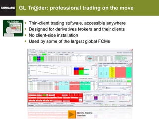 GL Tr@der: professional trading on the move Thin-client trading software, accessible anywhere Designed for derivatives brokers and their clients No client-side installation Used by some of the largest global FCMs GL Tr@der Back to Trading overview 