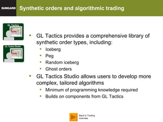 Synthetic orders and algorithmic trading GL Tactics GL Tactics Studio GL Tactics provides a comprehensive library of synthetic order types, including: Iceberg Peg Random iceberg Ghost orders GL Tactics Studio allows users to develop more complex, tailored algorithms Minimum of programming knowledge required Builds on components from GL Tactics Back to Trading overview 