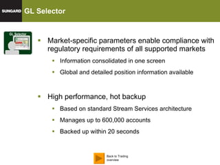 GL Selector Market-specific parameters enable compliance with regulatory requirements of all supported markets Information consolidated in one screen Global and detailed position information available High performance, hot backup Based on standard Stream Services architecture Manages up to 600,000 accounts Backed up within 20 seconds GL Selector Back to Trading overview 