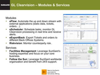 GL Clearvision – Modules & Services Modules eFlow : Automate the up and down stream with external applications (static data, tickets, orders…). eScheduler : Schedule tasks, monitor GL Clearvision processing in real time and receive alerts. eExportBack : Export Tickets and orders to different Back Offices Systems. Riskvision : Monitor counterparty risk. Services Facilities Management : Leverage SunGard’s hosting expertise and focus on your core business. Follow the Sun : Leverage SunGard worldwide organization and benefit from 24/5 support. Back to SunGard’s post-trade for Derivatives offering 
