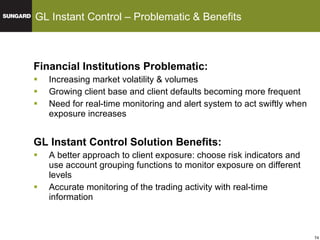 Financial Institutions Problematic: Increasing market volatility & volumes Growing client base and client defaults becoming more frequent  Need for real-time monitoring and alert system to act swiftly when exposure increases GL Instant Control Solution Benefits: A better approach to client exposure: choose risk indicators and use account grouping functions to monitor exposure on different levels Accurate monitoring of the trading activity with real-time information GL Instant Control – Problematic & Benefits 