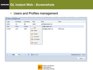 GL Instant Web - Screenshots Users and Profiles management Back to SunGard’s post-trade for Derivatives offering 