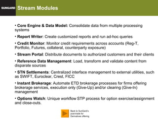 Stream Modules Core Engine & Data Model:  Consolidate data from multiple processing systems Report Writer : Create customized reports and run ad-hoc queries  Credit Monitor : Monitor credit requirements across accounts (Reg-T, Portfolio, Futures, collateral, counterparty exposure) Stream Portal : Distribute documents to authorized customers and their clients Reference Data Management : Load, transform and validate content from disparate sources STN Settlements : Centralized interface management to external utilities, such as SWIFT, Euroclear, Crest, FICC Instant Brokerage :   Automate ETD brokerage processes for firms offering brokerage services, execution only (Give-Up) and/or clearing (Give-In) management  Options Watch : Unique workflow   STP process for option exercise/assignment and close-outs. Back to SunGard’s post-trade for Derivatives offering 