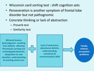 • Wisconsin card sorting test : shift cognition sets
   • Perseveration is another symptom of frontal lobe
     disorder but not pathognomic
   • Concrete thinking or lack of abstraction
        – Proverb test
        – Similarity test


     Bifrontal lesions
Bad judgment resulting
 from deficits affecting     Lack of awareness,        Family,
 Planning & carrying out     attentional deficits,    relation,
 multistepped behavior,        understanding,        occupation
    adaptation to new            sensitivity &        problems
situation, understanding    communication skills
  & reacting social cues
 