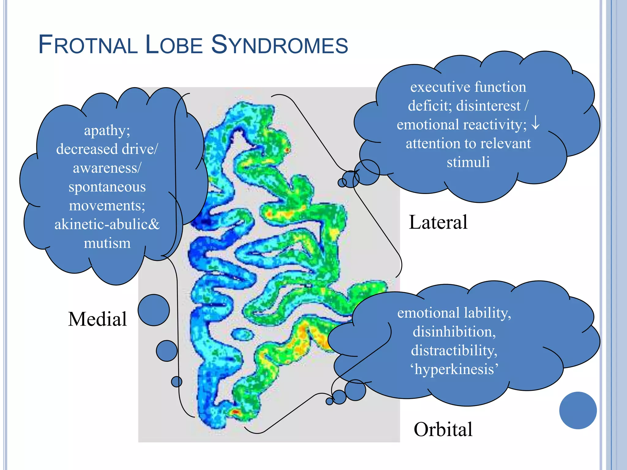 FROTNAL LOBE SYNDROMES
                           executive function
                          deficit; disinterest /
     apathy;             emotional reactivity;
 decreased drive/         attention to relevant
    awareness/                   stimuli
   spontaneous
   movements;
 akinetic-abulic&          Lateral
     mutism



                         emotional lability,
   Medial
                           disinhibition,
                           distractibility,
                          ‘hyperkinesis’


                           Orbital
 