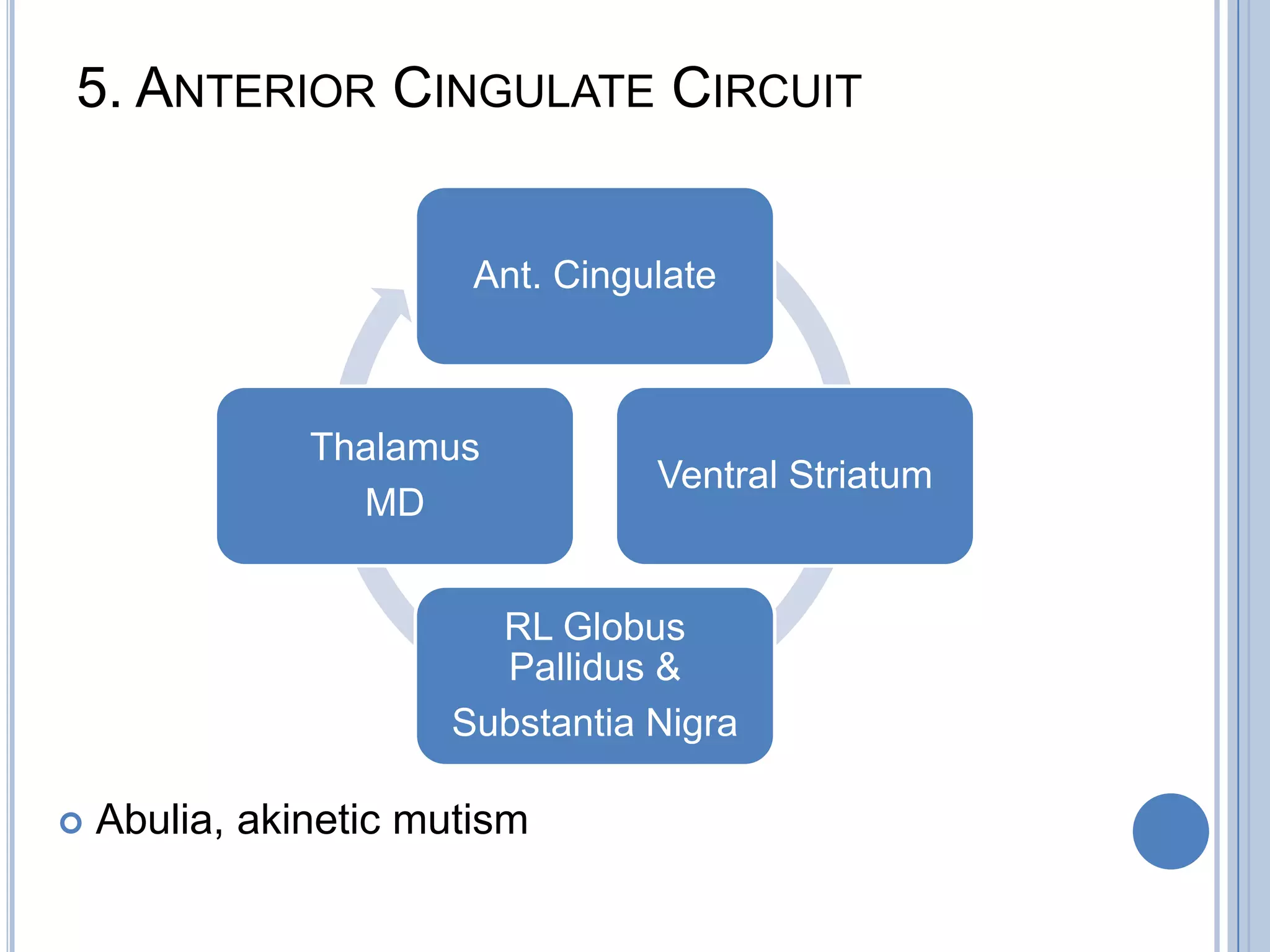 5. ANTERIOR CINGULATE CIRCUIT


                        Ant. Cingulate


                                                       MD
               Thalamus                              Thalamus
                                  Ventral Striatum
                 MD


                        RL Globus
                        Pallidus &
                      Substantia Nigra

   Abulia, akinetic mutism
 