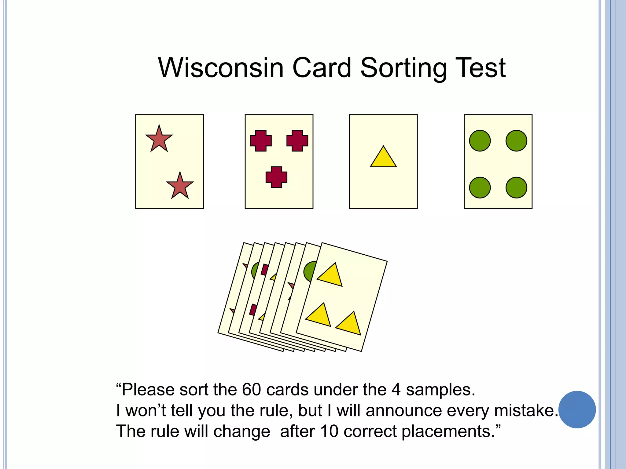 Wisconsin Card Sorting Test




“Please sort the 60 cards under the 4 samples.
I won‟t tell you the rule, but I will announce every mistake.
The rule will change after 10 correct placements.”
 