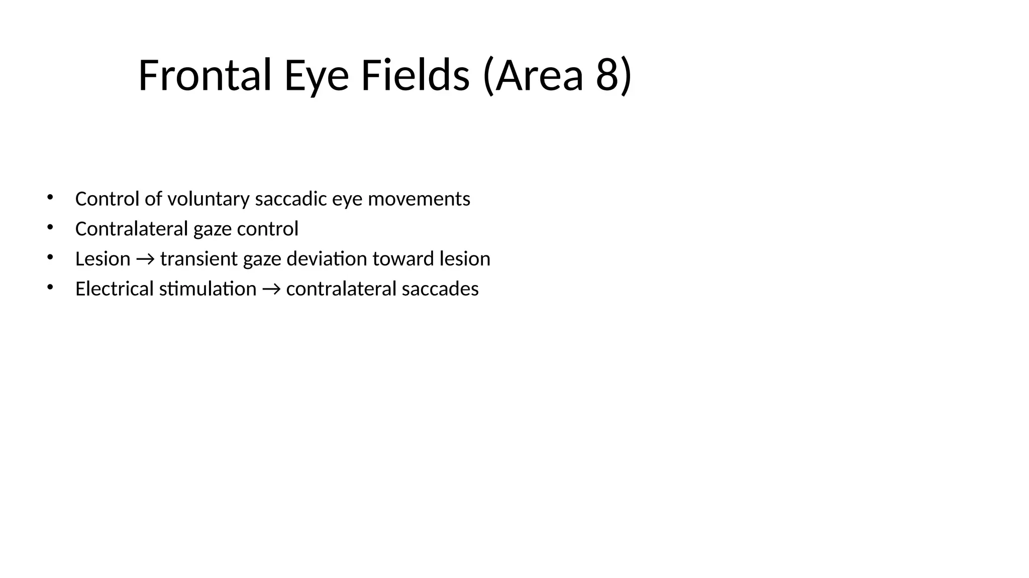 Frontal Eye Fields (Area 8)
• Control of voluntary saccadic eye movements
• Contralateral gaze control
• Lesion → transient gaze deviation toward lesion
• Electrical stimulation → contralateral saccades
 