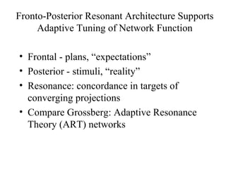Fronto-Posterior Resonant Architecture Supports
Adaptive Tuning of Network Function
• Frontal - plans, “expectations”
• Posterior - stimuli, “reality”
• Resonance: concordance in targets of
converging projections
• Compare Grossberg: Adaptive Resonance
Theory (ART) networks
 