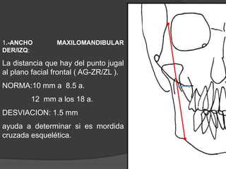 1.-ANCHO MAXILOMANDIBULAR DER/IZQ: La distancia que hay del punto jugal al plano facial frontal ( AG-ZR/ZL ).NORMA:10 mm a  8.5 a.	   12  mm a los 18 a.DESVIACION: 1.5 mmayuda a determinar si es mordida cruzada esquelética.