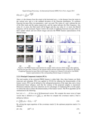 Signal & Image Processing : An International Journal (SIPIJ) Vol.4, No.4, August 2013
40
‫ܩ‬ሺ‫,ݔ‬ ‫ݕ‬ሻ =
ଵ
ଶగఙమ ݁
ି
ೣమశ೤మ
మ഑మ (13)
where x is the distance from the origin in the horizontal axis, y is the distance from the origin in
the vertical axis, and σ is the standard deviation of the Gaussian distribution. To construct
Gaussian low-pass filter, two parameters x and s are used. The values of x and s indicate the size
of the filter mask and the sigma respectively, and the sigma indicates the filter frequency. Any
value of x is more, the filter mask will be bigger and also any value of s is more, the filtered
frequency will be increased. Figure 6 shows the results of applying Gaussian low-pass filter on
three sample vehicle and non-vehicle images and also the PHOG features representation of the
filtered images.
(a) (b) (c) (d) (e)
Figure 6. the PHOG features representation for sample vehicle and non-vehicle images after applying
Gaussian low-pass filter. Column (a): the original vehicle and non-vehicle images; Column (b): the results
of applying Gaussian low-pass filter on the images of column (a); Columns (c),(d) and (e): the PHOG
features representation of the corresponding filtered images of column (b).
2.2.3. Principal Component Analysis (PCA)
The total number of the extracted PHOG features is rather high. Also, these features are likely
irrelevant and redundant. PCA was applied in [53,54] for reducing the dimensionality of the
feature vectors. PCA can be defined as the orthogonal projection of the input data onto a lower
dimensional linear subspace, such that the variance of the projected samples is maximized.
Dimension reduction and noise reduction are two advantages of employing PCA. In this paper,
we utilize this idea to reduce the dimensionality of the feature vectors. The PCA algorithm can be
summarized in the following:
Let {‫ݔ‬௜|i = 1, . . .,N} be a set of M-dimensional vectors. We compute the mean vector of input
vectors that is defined as ‫̅ݔ‬ =
ଵ
ே
∑ ‫ݔ‬୧
ே
௜ୀଵ and then we compute the covariance matrix Σ that is
defined as follows:
Σ =
ଵ
ே
∑ ሺ‫ݔ‬௜ − ‫̅ݔ‬ሻே
୬ୀଵ ሺ‫ݔ‬௜ − ‫̅ݔ‬ሻ்
(14)
By solving the eigen equations of the covariance matrix Σ, the optimum projection matrix U is
obtained
ΣU = ΛU, (U்ܷ
= I) (15)
 