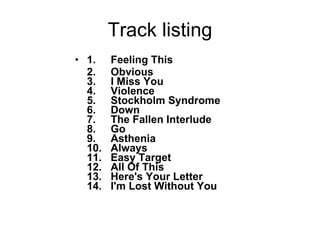 Track listing 1.  Feeling This   2.  Obvious   3.  I Miss You 4.  Violence 5.  Stockholm Syndrome 6.  Down 7.  The Fallen Interlude 8.  Go 9.  Asthenia 10.  Always 11.  Easy Target 12.  All Of This 13.  Here's Your Letter 14.  I'm Lost Without You   
