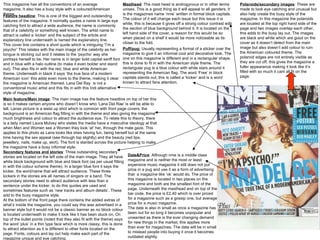 This magazine has all the conventions of an average magazine. It also has a busy style with a coloured/American theme.  Masthead : The mast head is androgynous or in other terms unisex. This is a good thing as it will appeal to all genders. It is the magazines name ‘nme’ written in formal block capitals. The colour of it will change each issue but this issue it is white, this is because it gives off a strong colour contrast with the section of blue background behind it. It is located on the left hand side of the cover, a reason for this would be so when placed on a shelf it would be more noticeable as its closer to the fold.  Puff/pug:  Usually representing a format of a sticker over the magazine to give it an informal cool and decorative look. The one on this magazine is different and in a rectangular shape, this is done to fit in with the American style theme. The rectangular pug is a blue colour with white stars around it representing the American flag. The word ‘Free’ in block capitals stands out, this is called a ‘kicker’ and is a word known to attract fans attention.  Feature headline : This is one of the biggest and outstanding features of the magazine. It normally quotes a name in large eye catching font to attract a wide audience, the name is commonly that of a celebrity or something well known. The artist name to attract is called a ‘kicker’ and the subject of the article and explanatory line underneath is named the explanatory line.  This cover line contains a short quote which is intriguing “I’m a psycho” This relates with the main image of the celebrity as her tongue is sticking out and it relates to the ‘psycho’ way she portrays herself to be. Her name is in larger bold capital seriff font and in blue with a halo outline (to make it even bolder and stand out). This also fits in with the red, blue and white American theme. Underneath in black it says ‘the true face of a modern American icon’ this adds even more to the theme, making it clear the magazine is American themed. Lana Del Ray  is not a conventional music artist and this fits in with this Indi alternative style of magazine.  Main feature/Main image : The main image has the feature headline on top of her this is so it makes certain anyone who doesn’t know who ‘Lana Del Rae’ is will be able to tell. Lanas picture is a waist up shot which is common with front page covers, the background is an American flag fitting in with the theme and also giving the magazine much brightness and colour to attract the audience eye. To relate this to theory, there is a lady named Laura Mulvey who states the media have a masculine ideology at that when Men and Women see a Women they look ‘at’ her, through the male gaze. This applies to this photo as Lana looks like shes having fun, being herself but at the same time having the sex appeal (see through top slightly) and the beauty (red lips, jewellery, nails, make up, skirt). The font is slanted across the picture helping to make the magazine have a busy informal style.  Polaroids/secondary images : These are made to look eye catching and unusual but also help create the busy style of the magazine. In this magazine the polaroids are located at the top right hand side of the page and two images overlap each other, this adds to the busy lay out. The images are black and white which are good on the cover as it doesn’t detect from the main image but also doesn’t add colour to ruin the American coloured theme. The polaroid edges are not entirely visible as they are cut off, this gives the magazine a fuller appearance making it look like it’s filled with so much it cant all fit on the page.  Secondary features and stories : Three outstanding secondary stories are located on the left side of the main image. They all have white block background with blue and black font (as per usual fitting in with the colour scheme theme). In a larger blue font it says the kicker, the word/name that will attract audience. These three kickers in the stories are all names of singers or a band. The secondary stories need to attract audience with less than a sentence under the kicker, to do this quotes are used and sometimes features such as ‘new tracks and album details’. These add to the busy magazine style.  At the bottom of the front page there contains the added extras of what’s inside the magazine, you could say this was advertised in a banner style but it would not be a classic banner as no block colour is located underneath to make it look like it has been stuck on. On top of the bullet points (noted that they also fit with the theme) says the word ‘plus’ in a thin type face which is more classy, this is done to attract attention as it is different to other fonts located on the page. Fonts, colours and lay out help make each part of the magazine unique and eye catching.  Date&Price : Although nme is a middle class magazine and is neither the most or least expensive music magazine it still does not put price in a pug and use it as a form of advertising that  a magazine like ‘ok’ would do. The price of this magazine is located in two places on the magazine and both are the smallest font of the page. Underneath the masthead and on top of the bar code, the price is £2.40 which is over priced for a magazine such as a gossip one, but average price for a music magazine.  The date is also in small as once a magazine has been out for so long it becomes unpopular and unwanted as there is the ever changing demand for new things in the market, this applies more than ever for magazines. The date will be in small to mislead people into buying it once it becomes outdated slightly.  