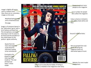 Masthead behind image,
and is stretched across
the page.
Image is of someone typical in
the “alternative” genre, with a
lot of tattoos and black hair.
The microphones connotate
how easy it is for his voice to
be heard and the president of
the united states on the
podium signals authority.
Quote from the
main interview that
could show the
interview is going
to be controversial
Contradicts the
powerful image,
referring to the
model as “The real
all American
reject.” entice
reader
Posters to attract more
people to the magazine
Not just people from rock
genre, showing the
magazine covers all
alternative types of music
Stands out to show Ronnie Radke of Falling in
Reverse is involved in the magazines main story.
Website, for more reader
involvement
Colour scheme is limited to
red, yellow, black white and
blue.
Around 5 different fonts
Issue number, for people
who collect the magazine
Image is slightly off centre,
and is a medium shot.
Also, there are no secondary
images on this cover
 