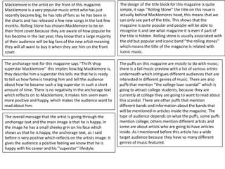 Macklemore is the artist on the front of this magazine.
Macklemore is a very popular music artist who has just
recently be...