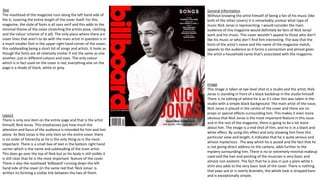 Image
This image is taken at eye level shot in a studio and the artist, Nick
Jonas is standing in front of a black backdrop in the studio himself.
There is no editing of where he is as it’s clear this was taken in the
studio with a simple black background. The main artist of the issue,
Nick Jonas is placed in the centre of the cover and there are no
props or special effects surrounding him. This makes it even more
obvious that Nick Jonas is the most important feature in this issue
and in the rest of the magazine, there is going to be a lot more
about him. The image is a mid shot of him, and he is in a black and
white effect. By using this effect and only showing him from this
particular view and length, it indicates that he is quite serious and
almost mysterious. The way which he is posed and the fact that he
is not giving direct address to the camera, adds further to the
mystery surrounding him. There is no or extremely minimal makeup
used and the hair and positing of the musician is very basic and
almost non existent. The fact that he is also in just a plain white t-
shirt also adds to the very basic look of the cover. There is nothing
that pops out or is overly dramatic, the whole look is stripped bare
and is exceptionally simple.
Text
The masthead of the magazine runs along the left hand side of
the it, covering the entire length of the cover itself. For this
magazine, the style of fonts is all sans serif and this adds to the
minimal theme of the cover (matching the artists pose, clothing
and the colour scheme of it all). The only place where there are
cover lines that aren't to do with the main artist in question is in
a much smaller font in the upper right hand corner of the cover.;
this subheading being a short list of songs and artists. It looks as
though the fonts are all relatively similar if not the same as one
another; just in different colours and sizes. The only colour
which is in fact used on the cover is red, everything else on the
page is a shade of black, white or grey.
Layout
There is only one item on the entire page and that is the artist
himself, Nick Jonas. This emphasises just how much the
attention and focus of the audience is intended for him and him
alone. As Nick Jonas is the only item on the entire cover, there
is no order of hierarchy as he is the only thing so is the most
important. There is a small box of text in the bottom right hand
corner which is the name and subheading of the main artist.
This does go over the top of Nick but as his body is still visible it
is still clear that he is the most important feature of the cover.
There is also the masthead ‘billboard’ running down the left
hand side of the cover (in the same red that ‘Nick Jonas’ is
written in) forming a visible link between the two of them.
General Information
Without knowing the artist himself of being a fan of his music (like
both of the other covers) it is remarkably unclear what type of
music Nick Jonas is representing. I would consider the main
audience of this magazine would definitely be fans of Nick Jonas’
work and his music. This cover wouldn’t appeal to those who don’t
like his music or who don’t find him interesting. The way that the
fonts of the artist’s name and the name of the magazine match,
appeals to the audience as it forms a connection and almost gives
the artist a household name that’s associated with the magazine.
 