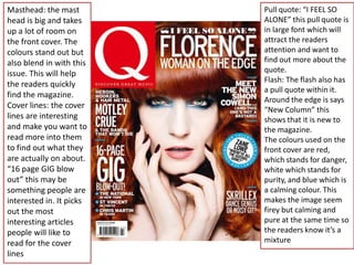 Masthead: the mast        Pull quote: “I FEEL SO
head is big and takes     ALONE” this pull quote is
up a lot of room on       in large font which will
the front cover. The      attract the readers
colours stand out but     attention and want to
also blend in with this   find out more about the
issue. This will help     quote.
                          Flash: The flash also has
the readers quickly
                          a pull quote within it.
find the magazine.
                          Around the edge is says
Cover lines: the cover    “New Column” this
lines are interesting     shows that it is new to
and make you want to      the magazine.
read more into them       The colours used on the
to find out what they     front cover are red,
are actually on about.    which stands for danger,
“16 page GIG blow         white which stands for
out” this may be          purity, and blue which is
something people are      a calming colour. This
interested in. It picks   makes the image seem
out the most              firey but calming and
interesting articles      pure at the same time so
people will like to       the readers know it’s a
read for the cover        mixture
lines
 