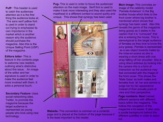 Puff -  This header is used to catch the audiences attention as it is the first thing the audience looks at.  The sans serif yellow font is used in order to stand out trying to emphasise its own importance in the market which is another reason why the audience should purchase the magazine. Also this is the Unique Selling Point (USP)  of the magazine.  Editors letter - This is feature in the contents page to welcome new readers, outlining what’s distinctive about this issue.  An image of the editor and her signature is used in order to make the audience feel more involved with them. It adds a personal touch.  Pug-  This is used in order to focus the audiences’ attention on the main image.  Serif font is used to make it look more interesting and they also used the masthead in a different context to sound quirky and unique.  This shows that synergy has been used.  Main Image-  This connotes an image of the celebrity model ‘Pamela Anderson’ in the Big brother house which links to the front cover where big brother is mentioned which shows that synergy has been used.  Also this reveals the genre of the magazine being gossip as it states in the caption that it is “rumoured” that she is entering the house. This is stereotypical to the target audience of females as they love to know the juicy gossip. Pamela is represented  as a sex object towards males by the mise-en-scene as she is wearing a short dress with one strap falling off her shoulder.  She is using direct address by looking into the camera  this is a form of interaction as the audience may feel connected with the image of the front cover. This shows the ‘Male Gaze’ as both males and females look ‘at’ her and admire or judge her by her appearance instead of their actually point of view and their perspective.  Page numbers-  New!  named different sections with different topics within the magazine. This makes the navigation of the magazine a lot easier. It also uses a purple background behind the different subtitles in order to stand out .  Secondary Feature-  Uses social networking sites, Twitter, to promote the magazine because the target audience is represented as young people who love using new technology.  Website-  This convention is common on a contents page and is placed at the bottom of the page because it is the least important to the reader.  