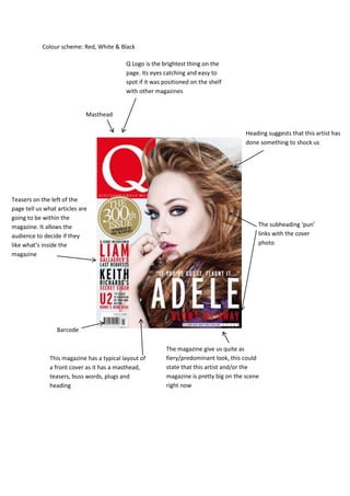 Colour scheme: Red, White & Black

                                            Q Logo is the brightest thing on the
                                            page. Its eyes catching and easy to
                                            spot if it was positioned on the shelf
                                            with other magazines


                             Masthead

                                                                                         Heading suggests that this artist has
                                                                                         done something to shock us




Teasers on the left of the
page tell us what articles are
going to be within the
magazine. It allows the                                                                      The subheading ‘pun’
audience to decide if they                                                                   links with the cover
like what’s inside the                                                                       photo
magazine




                  Barcode

                                                           The magazine give us quite as
               This magazine has a typical layout of       fiery/predominant look, this could
               a front cover as it has a masthead,         state that this artist and/or the
               teasers, buss words, plugs and              magazine is pretty big on the scene
               heading                                     right now
 