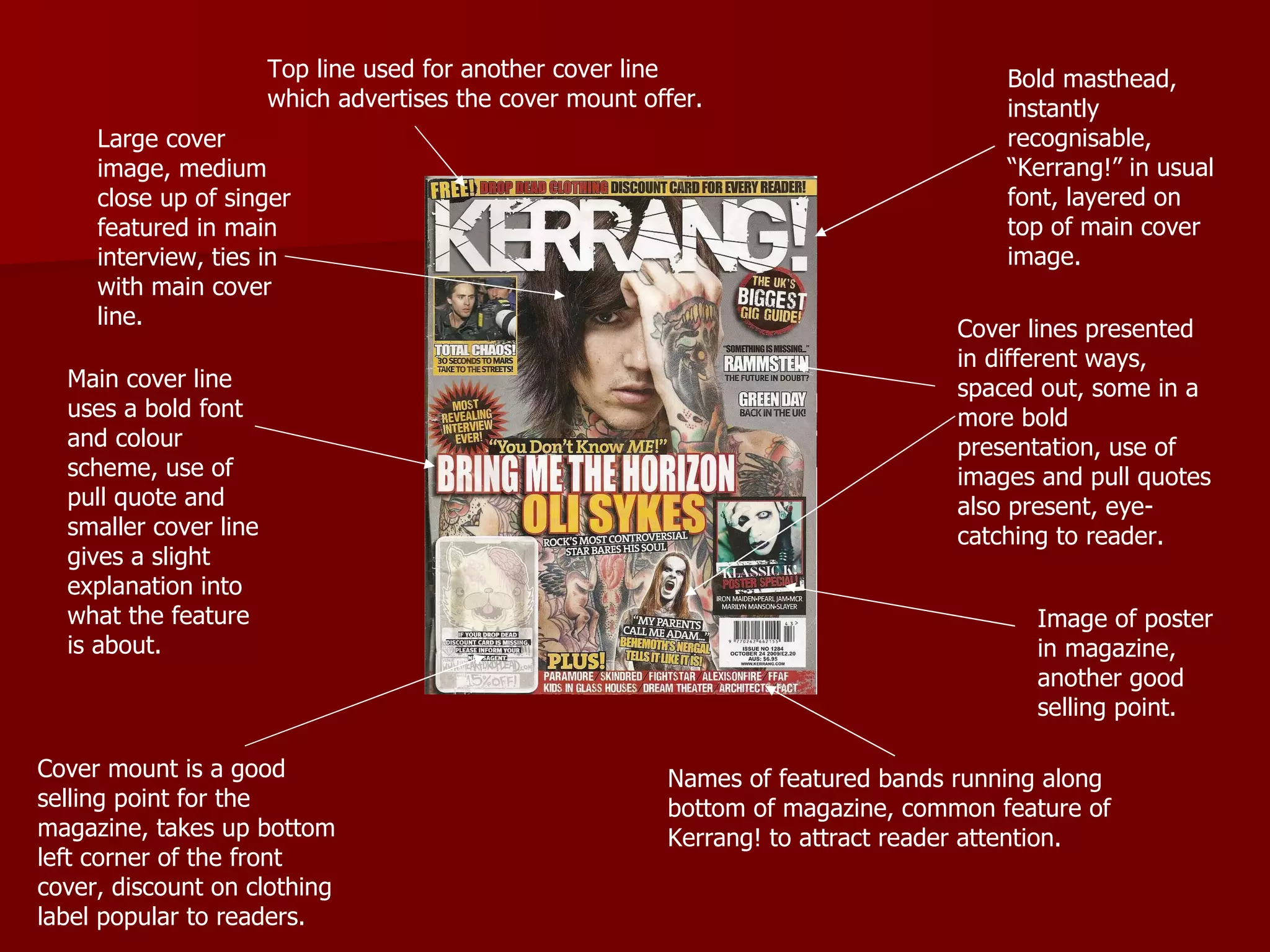 Bold masthead, instantly recognisable, “Kerrang!” in usual font, layered on top of main cover image. Names of featured bands running along bottom of magazine, common feature of Kerrang! to attract reader attention. Large cover image, medium close up of singer featured in main interview, ties in with main cover line. Main cover line uses a bold font and colour scheme, use of pull quote and smaller cover line gives a slight explanation into what the feature is about. Cover mount is a good selling point for the magazine, takes up bottom left corner of the front cover, discount on clothing label popular to readers. Top line used for another cover line which advertises the cover mount offer. Image of poster in magazine, another good selling point. Cover lines presented in different ways, spaced out, some in a more bold presentation, use of images and pull quotes also present, eye-catching to reader. 