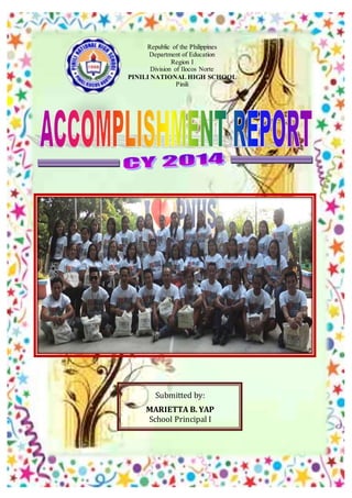 Republic of the Philippines
Department of Education
Region I
Division of Ilocos Norte
PINILI NATIONAL HIGH SCHOOL
Pinili
Submitted by:
MARIETTA B. YAP
School Principal I
 