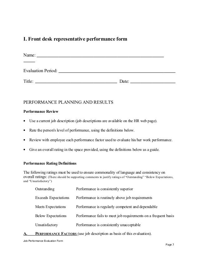 Front Desk Representative Performance Appraisal