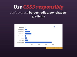 Use CSS3 responsibly
don’t overuse border-radius, box-shadow,
                gradients




                         http://perfectionkills.com
 