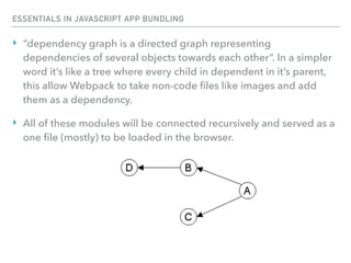 ESSENTIALS IN JAVASCRIPT APP BUNDLING
‣ “dependency graph is a directed graph representing
dependencies of several objects towards each other”. In a simpler
word it’s like a tree where every child in dependent in it’s parent,
this allow Webpack to take non-code ﬁles like images and add
them as a dependency.
‣ All of these modules will be connected recursively and served as a
one ﬁle (mostly) to be loaded in the browser.
 
