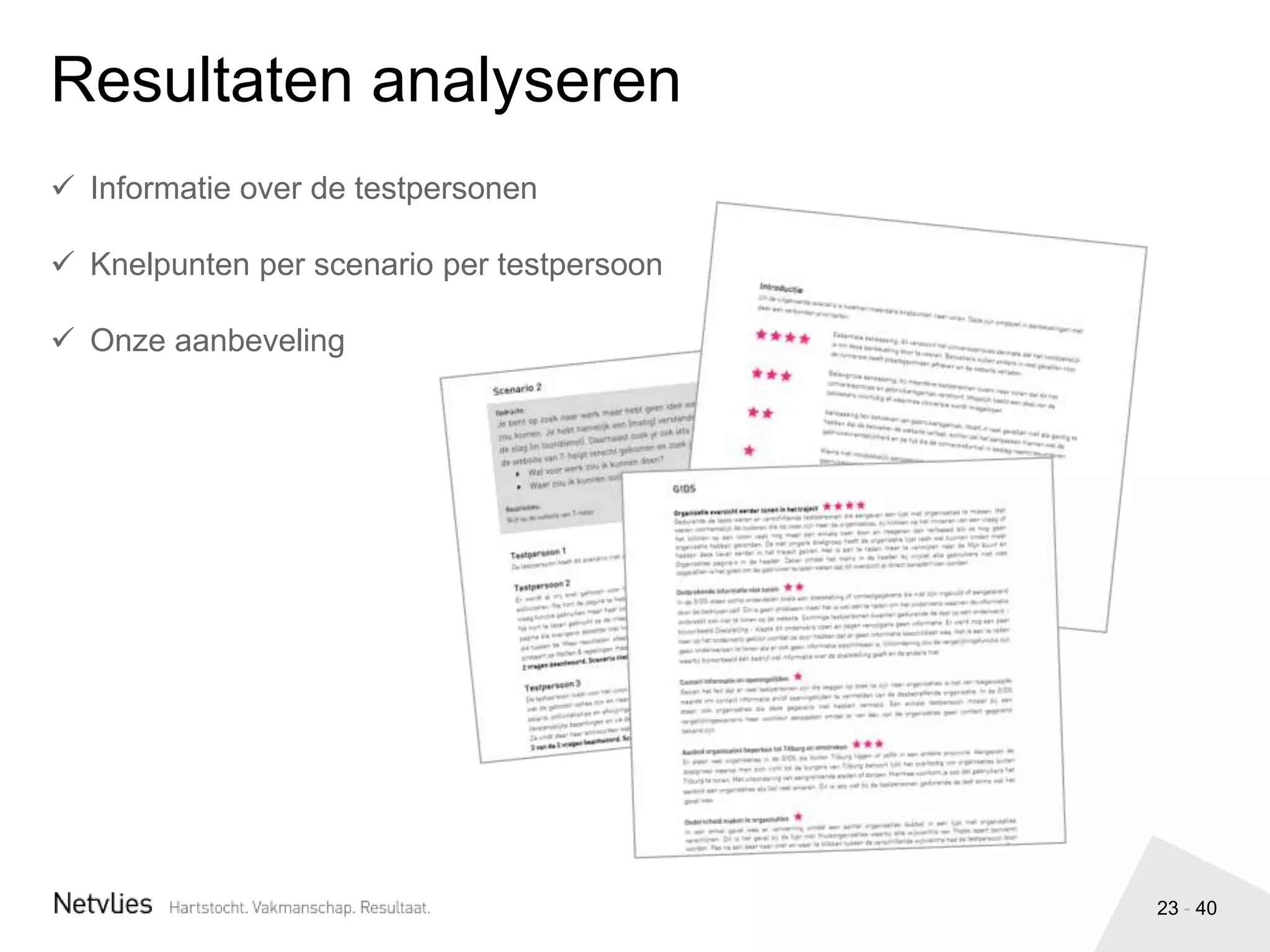 23 - 40
Resultaten analyseren
 Informatie over de testpersonen
 Knelpunten per scenario per testpersoon
 Onze aanbeveling
 