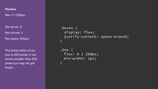 Flexbox
flex: 0 1 200px;
flex-grow: 0
flex-shrink: 1;
flex-basis: 200px;
The initial width of our
box is 200 pixels, it can
shrink smaller than 200
pixels but may not get
larger.
.boxes {
display: flex;
justify-content: space-around;
}
.box {
flex: 0 1 200px;
min-width: 1px;
}
 