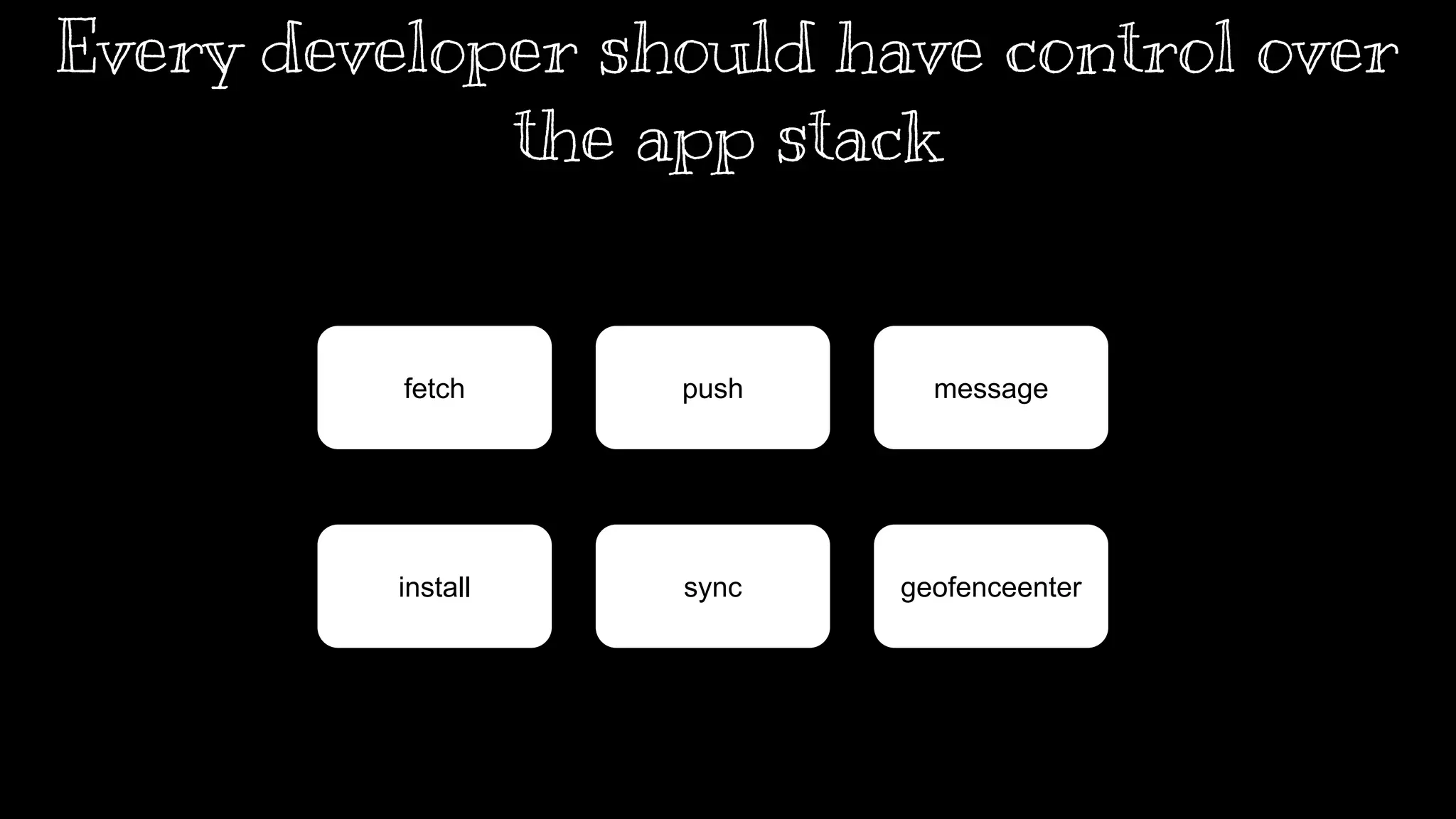 Every developer should have control over 
the app stack 
fetch push message 
install sync geofenceenter 
You should have full control over your web page, you should be able to manage every request and decide what to do with it, should cache it, 
should you serve a different version. You also get to intercept every push message or message from another application. You should have fined 
grained access over for all aspects of the stack. 
 