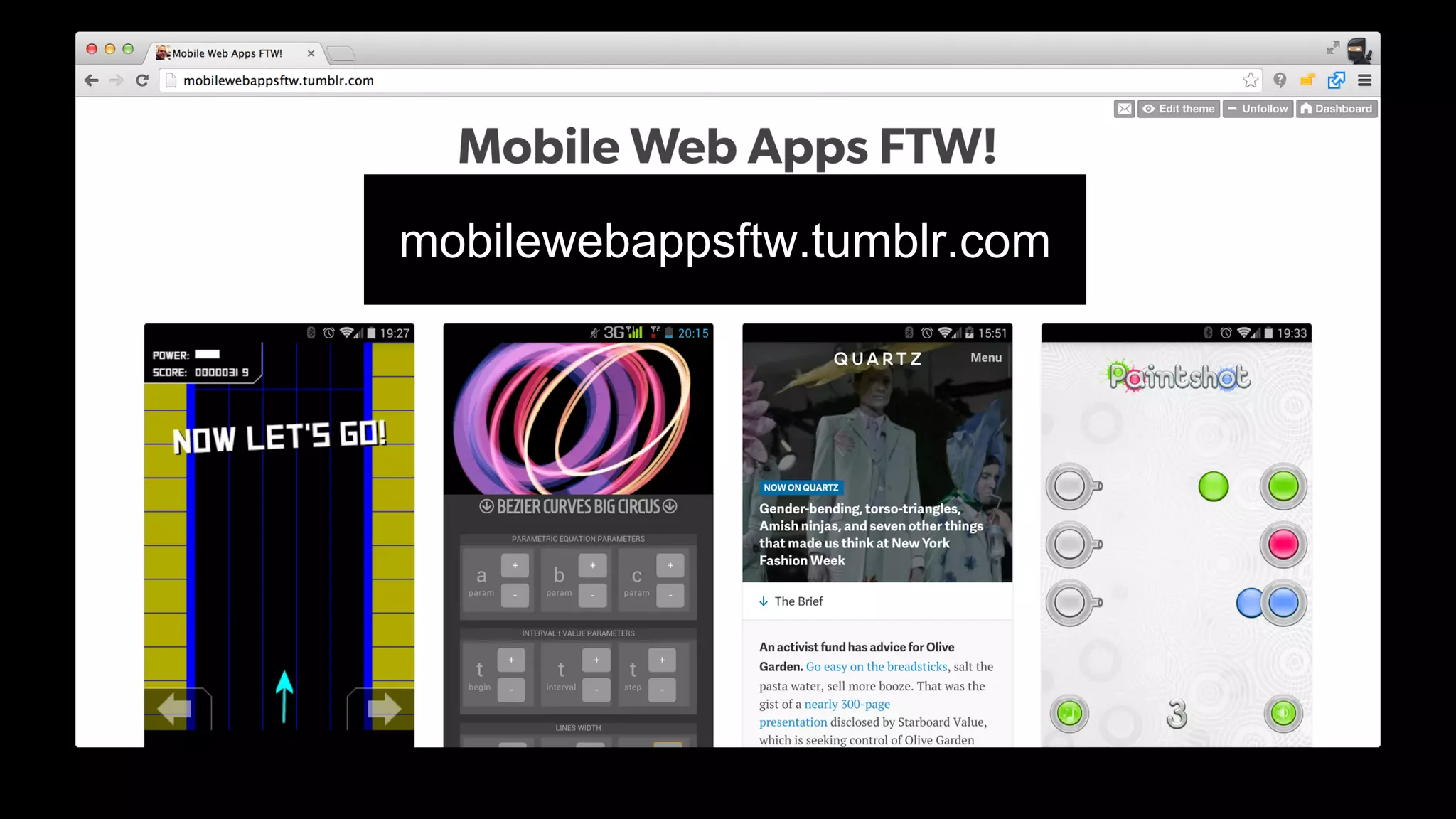 mobilewebappsftw.tumblr.com 
In the mean time, I am also trying to help solve the discovery problem by collating all the great mobile web apps so that we can build a great list 
of patterns that we can use to educate developers on how we want the web to be built. 
 