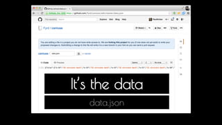 It’s the data 
data.json 
the data. there is a huge amount of deep analysis and learning you can gain from this data. And my entire presentation is built of this data, 
because when you know what was, you can predict with a high-accuracy what will be. And once you know what is coming you can prepare, you 
can invest your time in selling your skills to customers, build better sites for them and push the web forward for your users. 
 