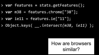 > var features = stats.getFeatures(); 
> var m38 = features.chrome["38"]; 
> var ie11 = features.ie["11"]; 
> Object.keys( __.intersect(m38, ie11) ); 
How are browsers 
similar? 
 