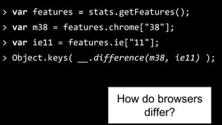 > var features = stats.getFeatures(); 
> var m38 = features.chrome["38"]; 
> var ie11 = features.ie["11"]; 
> Object.keys( __.difference(m38, ie11) ); 
How do browsers 
differ? 
 
