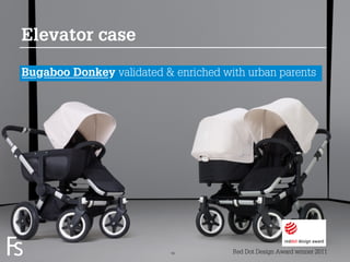 Elevator case

Bugaboo Donkey validated & enriched with urban parents




 FRONTEER
 STRATEGY
 INNOVATION.
 CO-CREATION.
 BRAND DEVELOPMENT.        18         Red Dot Design Award winner 2011
 