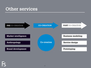 Other services


PRE CO-CREATION       CO-CREATION    POST CO-CREATION




Market intelligence                  Business modeling


Anthropology           Co-creation   Service design


Brand development                    Prototyping




FRONTEER
STRATEGY
INNOVATION.
CO-CREATION.
BRAND DEVELOPMENT.         21
 