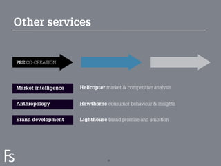 Other services


PRE CO-CREATION




Market intelligence   Helicopter market & competitive analysis


Anthropology          Hawthorne consumer behaviour & insights


Brand development     Lighthouse brand promise and ambition




FRONTEER
STRATEGY
INNOVATION.
CO-CREATION.
BRAND DEVELOPMENT.                22
 