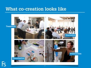 What co-creation looks like


Teamwork



                                  Discussion




                                      Presentation

             Visualisation
FRONTEER
STRATEGY
INNOVATION.
CO-CREATION.
BRAND DEVELOPMENT.           25
 