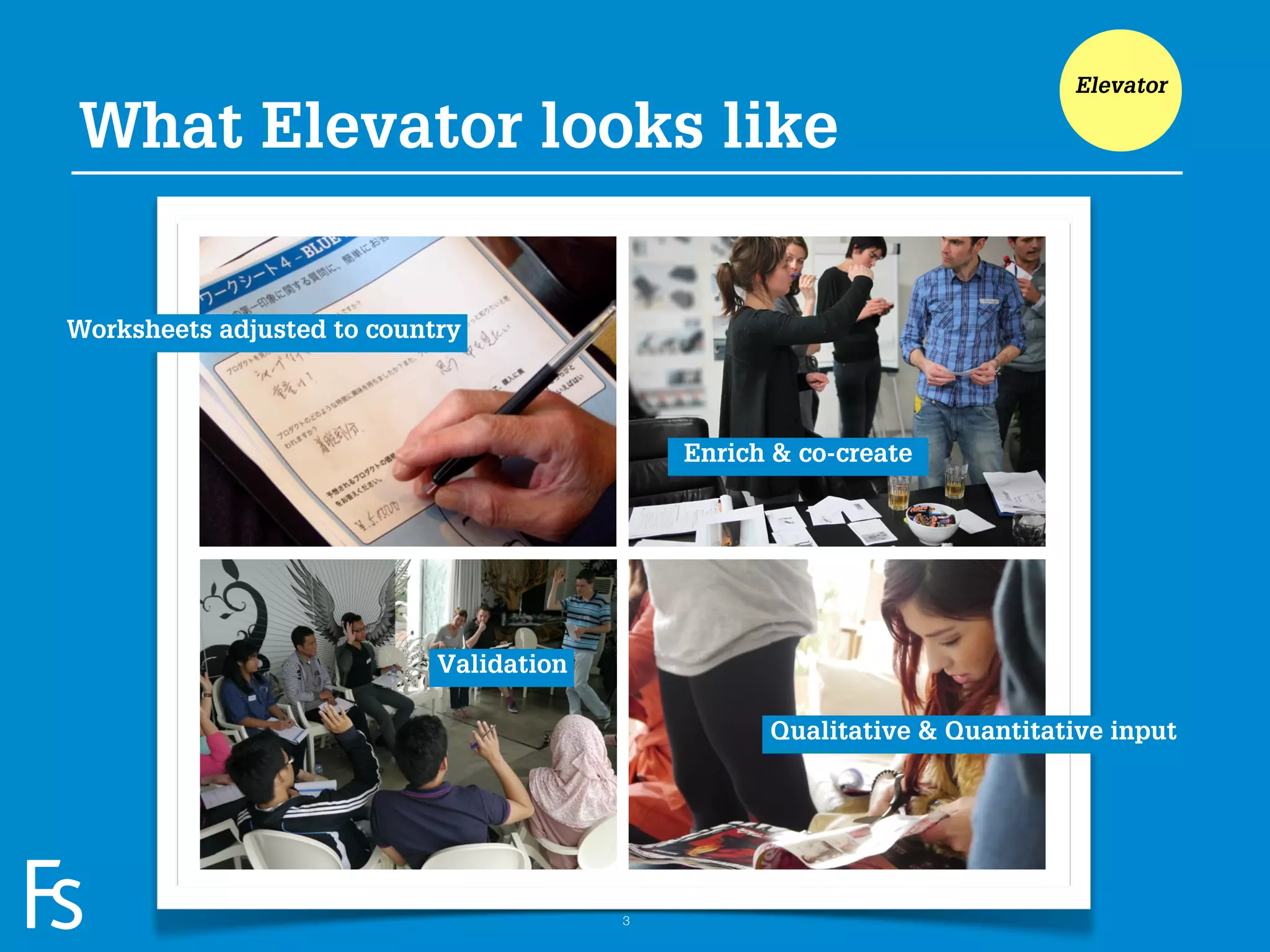 Elevator

What Elevator looks like


Worksheets adjusted to country



                                             Enrich & co-create




                            Validation

                                                   Qualitative & Quantitative input




  FRONTEER
  STRATEGY
  INNOVATION.
  CO-CREATION.
  BRAND DEVELOPMENT.                     3
 