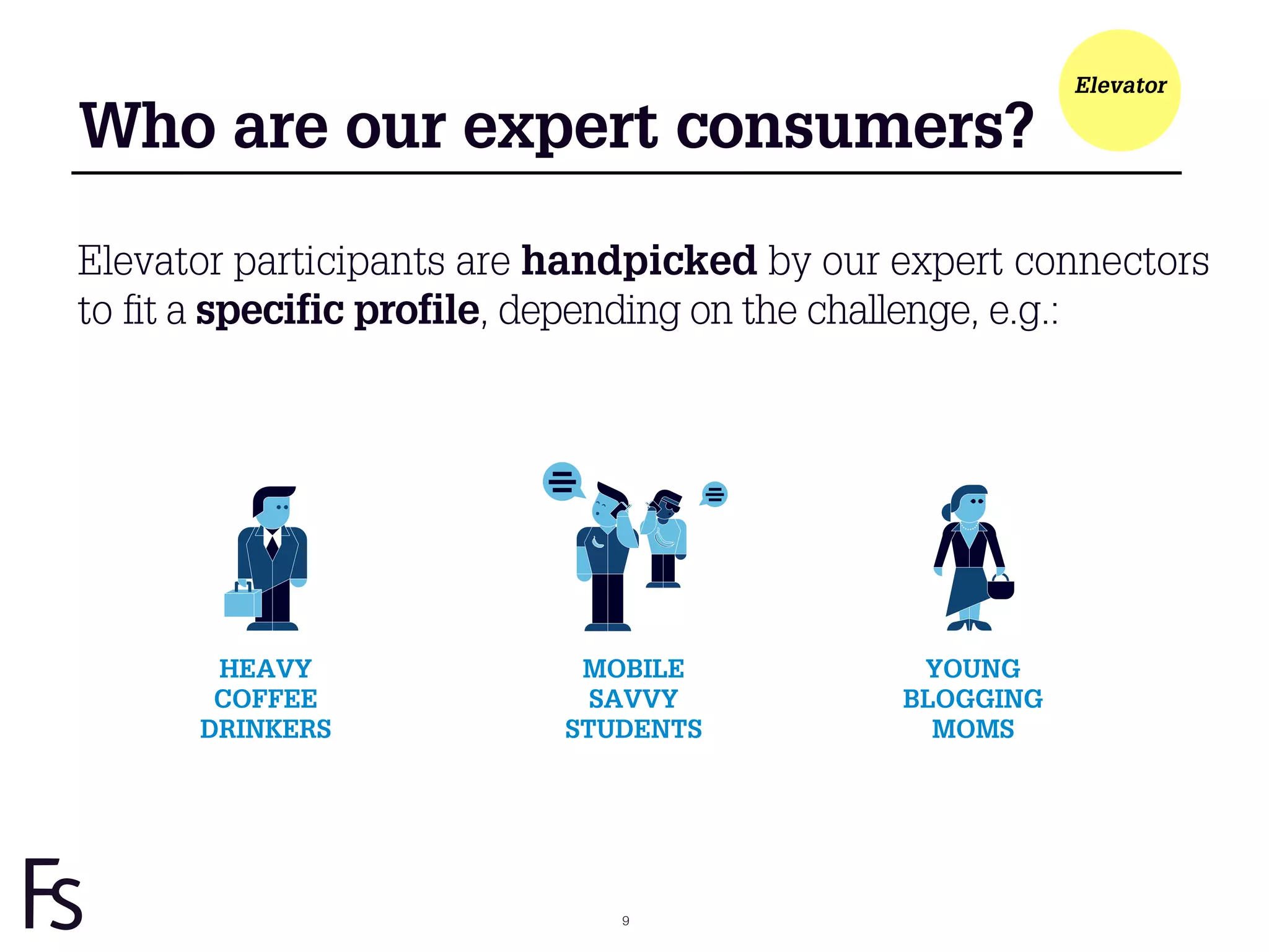 Elevator

Who are our expert consumers?

Elevator participants are handpicked by our expert connectors
to fit a specific profile, depending on the challenge, e.g.:




       HEAVY               MOBILE            YOUNG
       COFFEE               SAVVY           BLOGGING
      DRINKERS            STUDENTS            MOMS




                             9
 