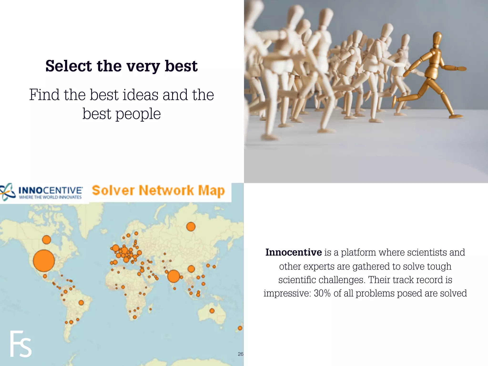 Select the very best
Find the best ideas and the
        best people




                                    Innocentive is a platform where scientists and
                                       other experts are gathered to solve tough
                                       scientiﬁc challenges. Their track record is
                                   impressive: 30% of all problems posed are solved


 FRONTEER
 STRATEGY
 INNOVATION.
 CO-CREATION.
 BRAND DEVELOPMENT.           26
 